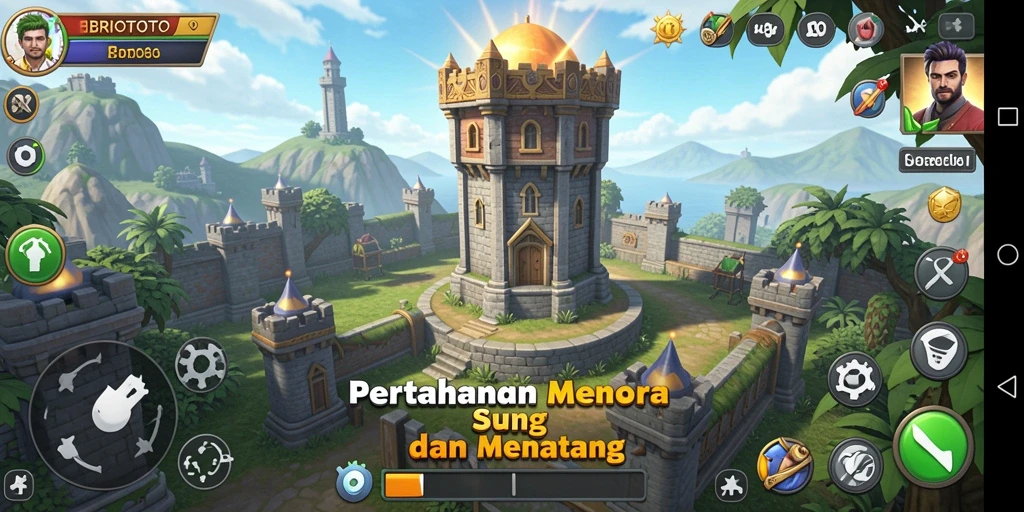 Tangkapan layar gameplay BRIOTOTO dengan menara yang bertahan dari serangan musuh.