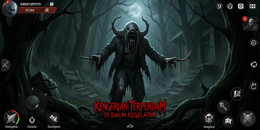 Tampilan gameplay menakutkan di dalam lingkungan gelap DIREKTURTOTO.