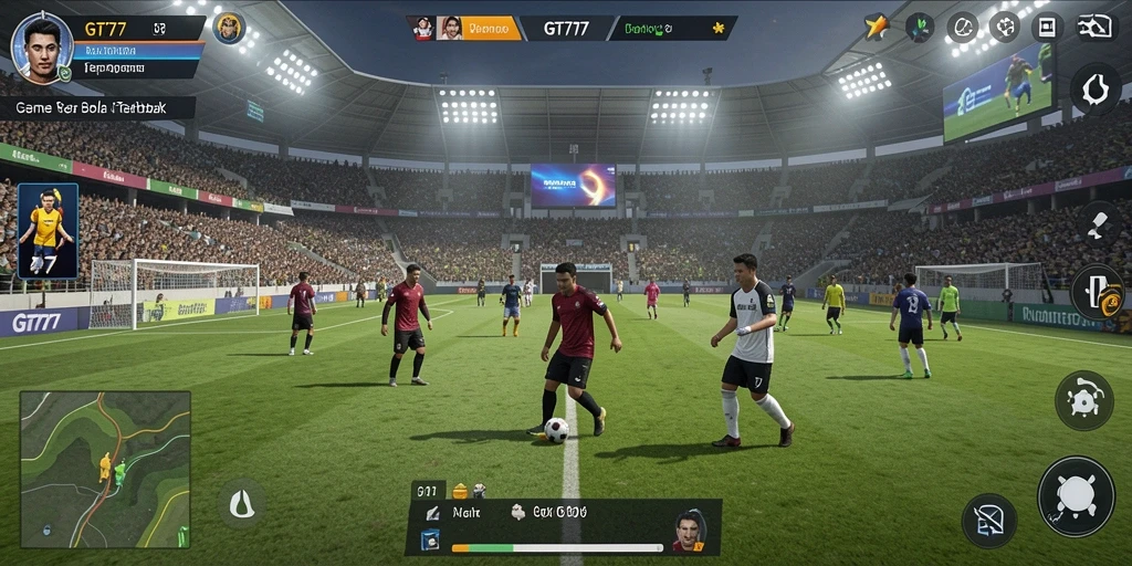 Screenshot utama dari gameplay menarik GT777 di lapangan sepak bola.