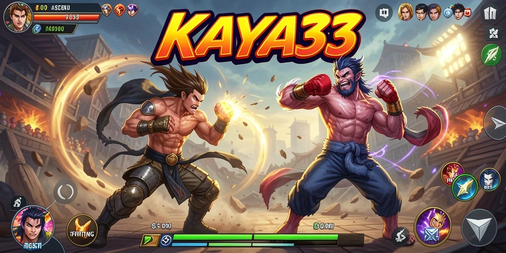 Screenshot gameplay KAYA33 menampilkan pertarungan intens di arena yang menarik.