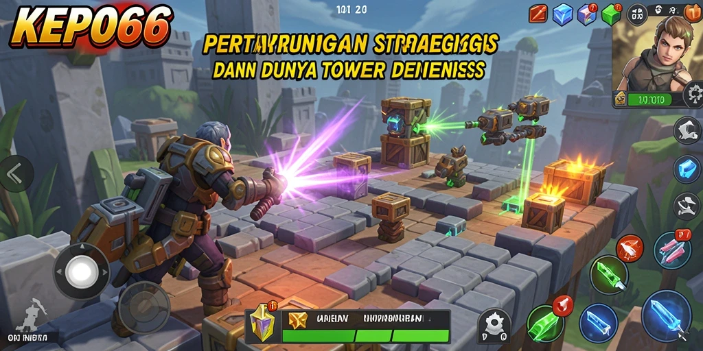 Gameplay menegangkan dalam KEPO66 dengan menara dan musuh yang beragam.