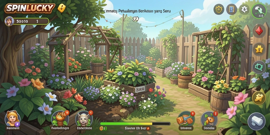 Tampilan gameplay SPINLUCKY yang menarik dengan aktivitas berkebun.